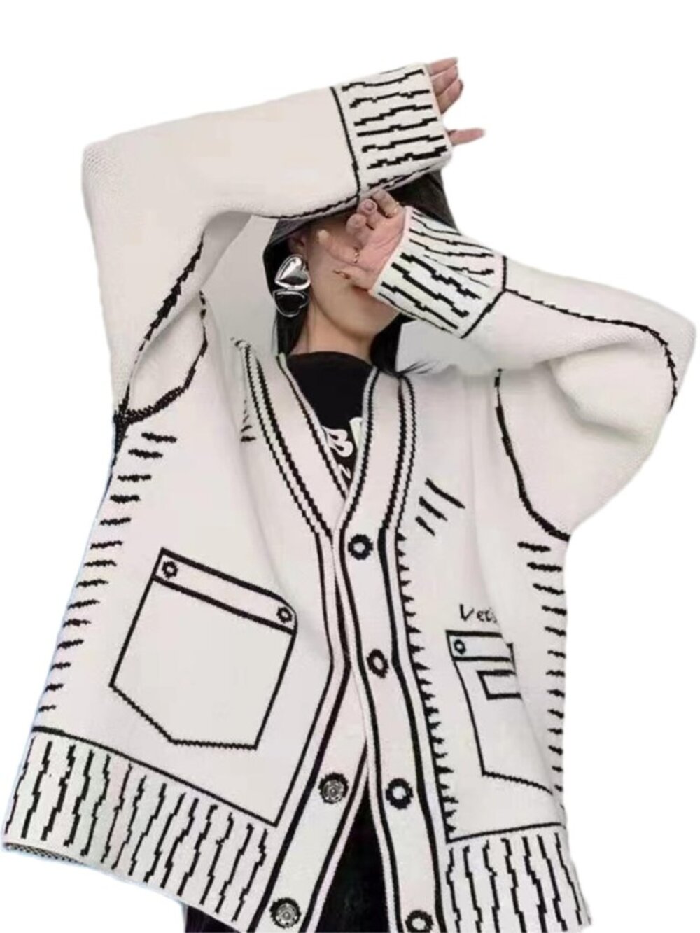 Women Print Graffiti Unique Cardigan Sweater Y2k Fake Pocket Long Sleeve Button
